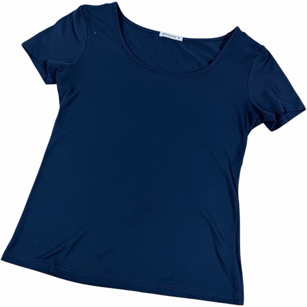 MANGOPOP Women Navy Blue Short Sleeve Scoop Neck Fitted Basic T-Shirt Size M